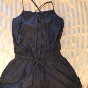 Crisscross back jean romper with pockets